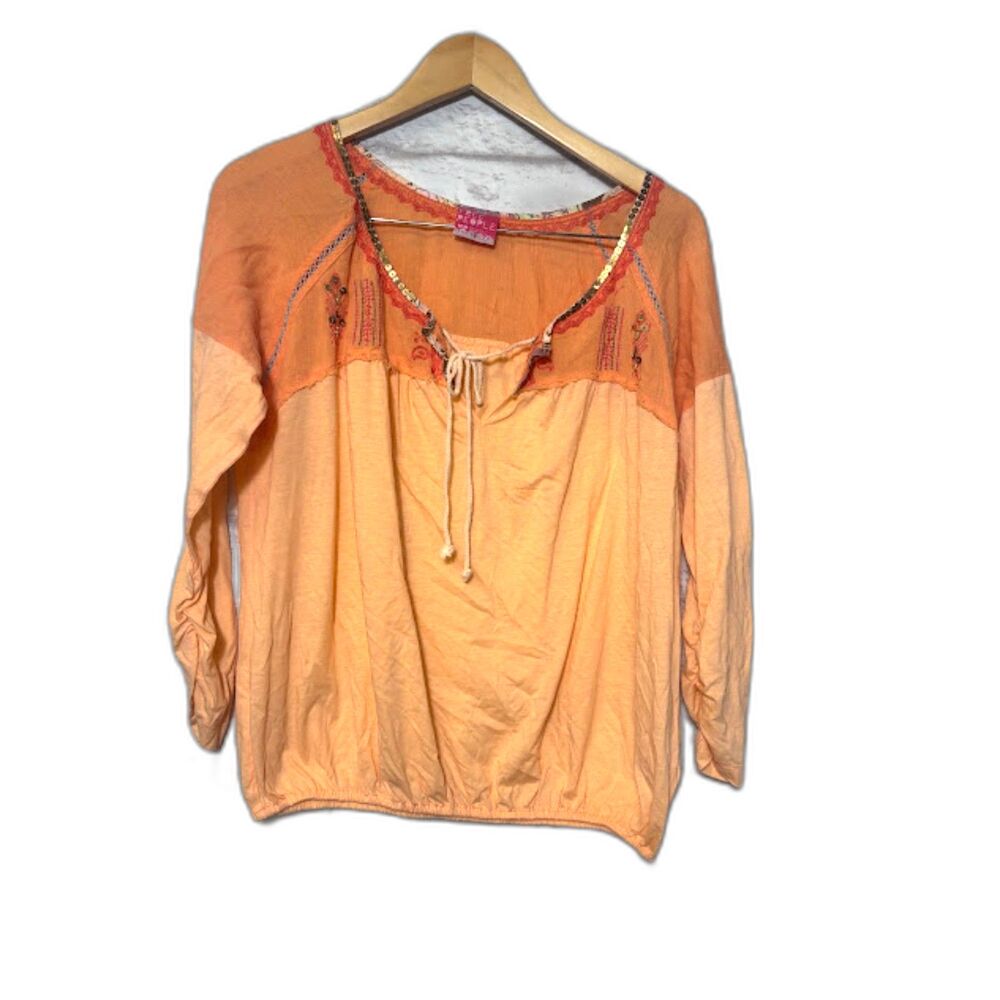 Free People Blouse Y2k Style Boho Peasant Top Sz Medium Orange Sequin Embroidery